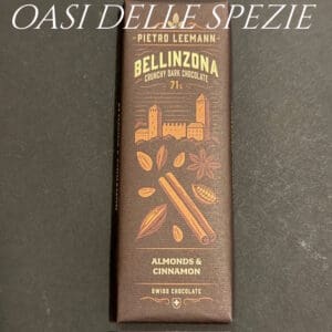 Cioccolato fondente bio Ticinese grezzo con cannella e mandorle caramellate 50g